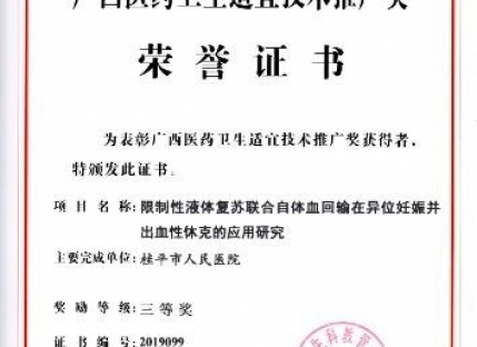 广西医药卫生适宜技术推广奖荣誉证书